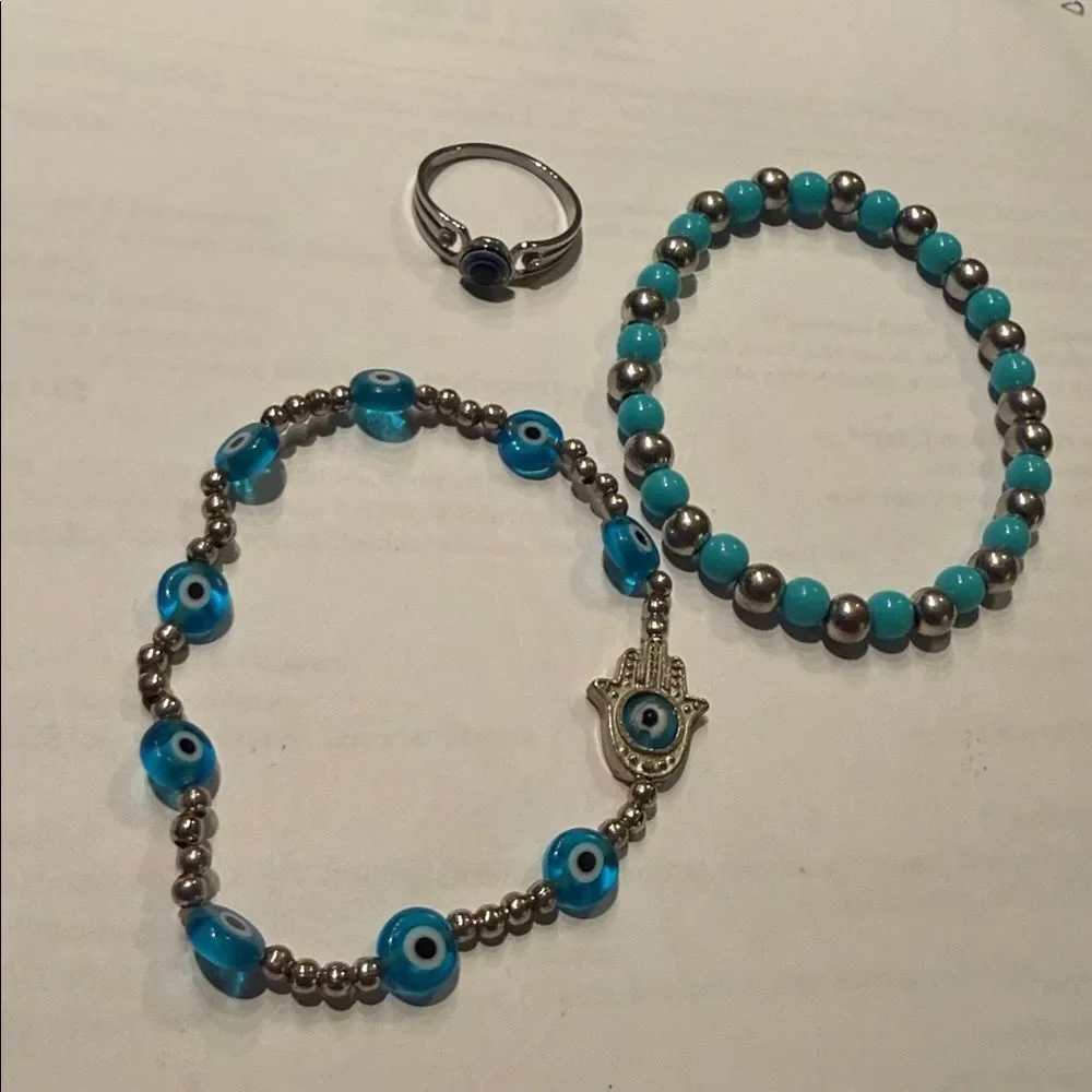 Silver and Blue Beaded Hamsa Bracelet Set - (2 Bracelets) - NEW